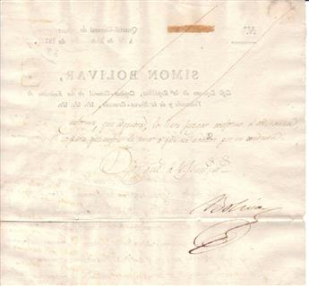 BOLÍVAR, SIMÓN. Letter Signed, Bolivar, as President of Venezuela, to the Governor and Commander General of Guyana, in Spanish,